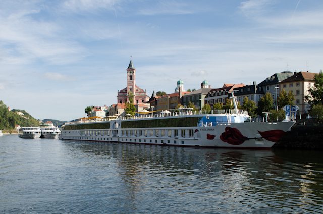 A-ROSA Donna docked in Passau, Germany. The line is offering Business Class airfare upgrades to North American customers until February 28th. Photo © 2012 Aaron Saunders
