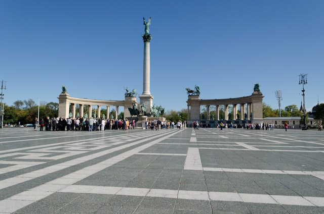 Heroes' Square was completed in 1900, and is situated at the end of Andrássy út. Photo © Aaron Saunders