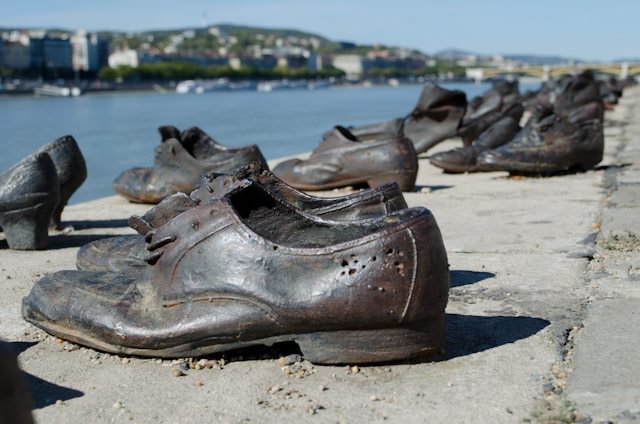 One of the most harrowing sites: the "Shoes along the Danube" monument in Budapest, honouring the Jews who were shot here by facist militia men during World War II. Photo © Aaron Saunders