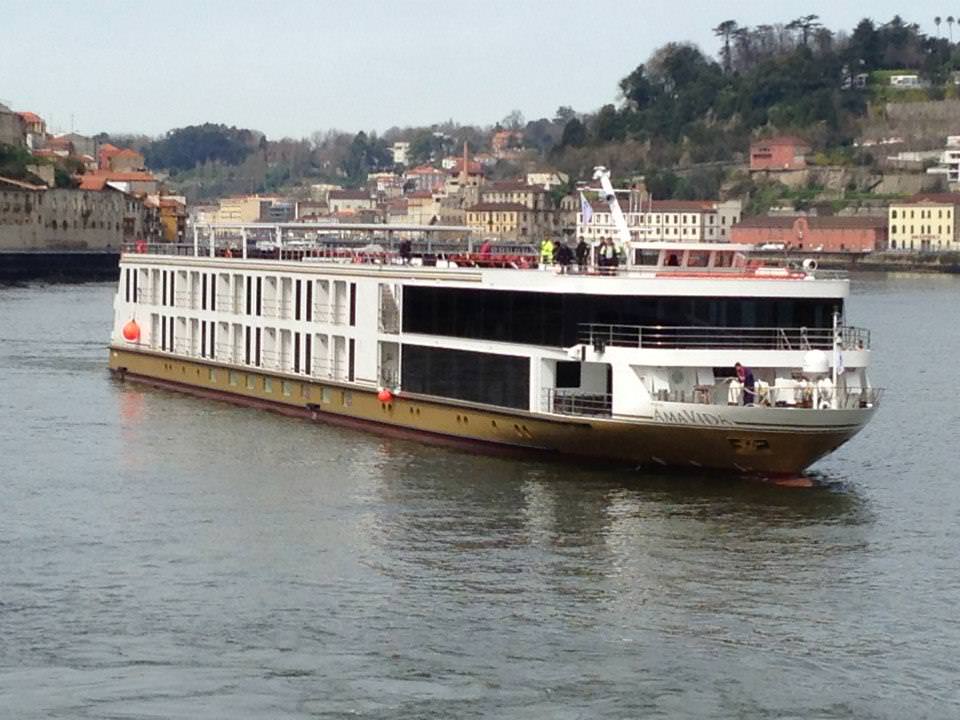 The striking new AmaVida sails into Porto. Photo courtesy of AmaWaterways.