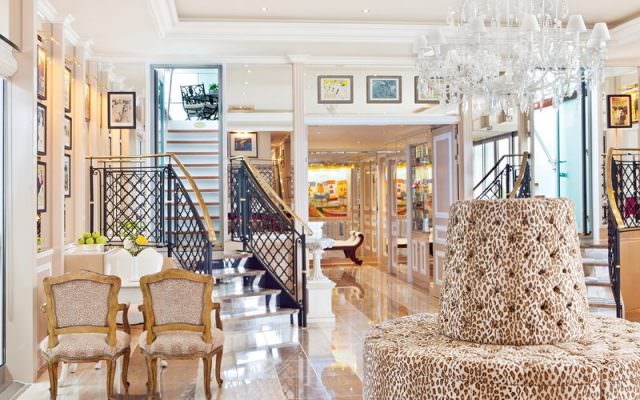 The stunning reception lobby welcomes guests aboard Uniworld's River Countess. Photo courtesy of Uniworld Boutique River Cruises.