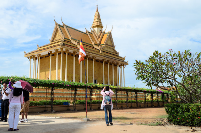 The spectacular Vipassana Dhura Buddhist Meditation Center in Oudong was our first stop after our trip by Khmer Limousine and motorcoach. Photo © 2013 Aaron Saunders
