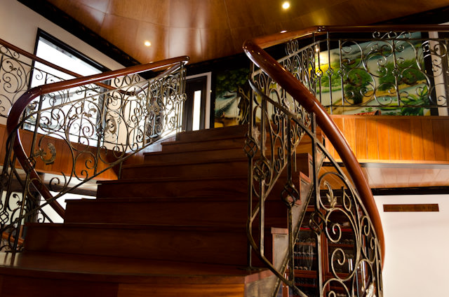 Looking up the main staircase aboard AmaLotus towards Deck 3. There is no elevator aboard AmaLotus or her sister, La Marguerite. Photo © 2013 Aaron Saunders