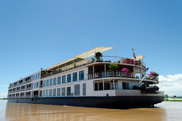 The 2011-built AmaLotus, as seen from the small local boats that took us on our morning excursion to Kampong Chhnang, Cambodia. Photo © 2013 Aaron Saunders