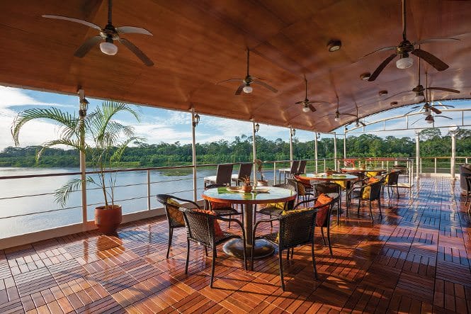 The relaxing, open-air Bar aboard La Estrella Amazonica. Photo courtesy of International Expeditions.