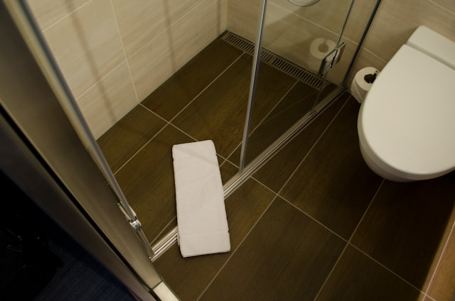 Subtle changes are everywhere aboard Viking Baldur, and prove Viking isn't merely carbon-cloning each successive Viking Longship. Here, flooring in the stateroom bathroom has been given a new colour and texture. Photo © 2013 Aaron Saunders