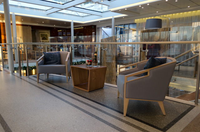 New seating options on the upper level of the atrium aboard Viking Baldur. Photo © 2013 Aaron Saunders
