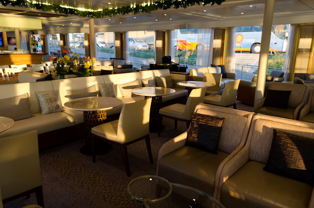 Viking Baldur's Viking Lounge, seen in Basel nearing sunset. There are now proper tables and bench seating where none existed on previous Longships. Photo © 2013 Aaron Saunders
