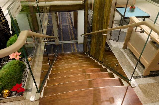 Also New: rich, earth-tone materials help set Viking Baldur apart from her sisters. It could be my imagination, but this Lower Deck staircase seems wider. Photo © 2013 Aaron Saunders