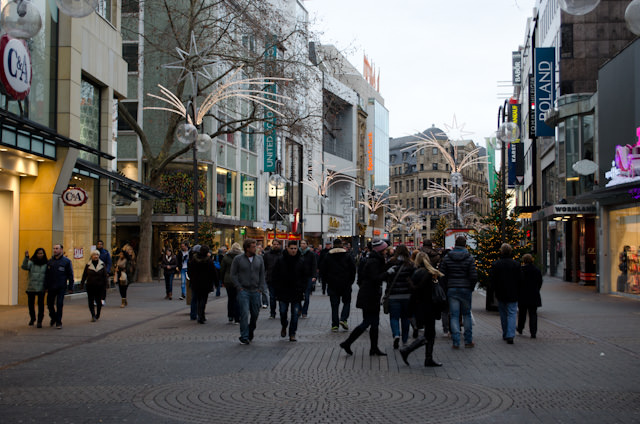 It's Sunday, and all the stores along Cologne's pedestrian shopping zone are closed. The crowds you see here are making their way from one Christmas Market to the next. Photo © 2013 Aaron Saunders
