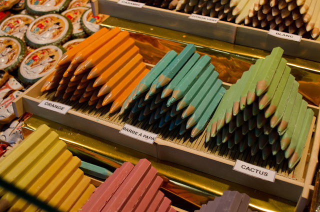Each market has its own unique wares - like these chocolates styled as pencil crayons. Photo © 2013 Aaron Saunders