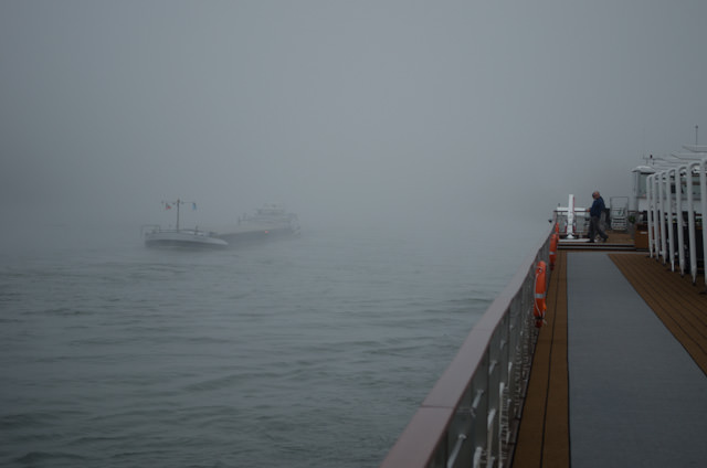 Back onboard Viking Baldur, we sailed through the afternoon along a foggy Rhine river, bound for the German town of Rudesheim. Photo © 2013 Aaron Saunders