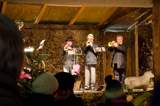 A brass band performs for marketgoers in Rudesheim on Friday, December 13. Photo © 2013 Aaron Saunders