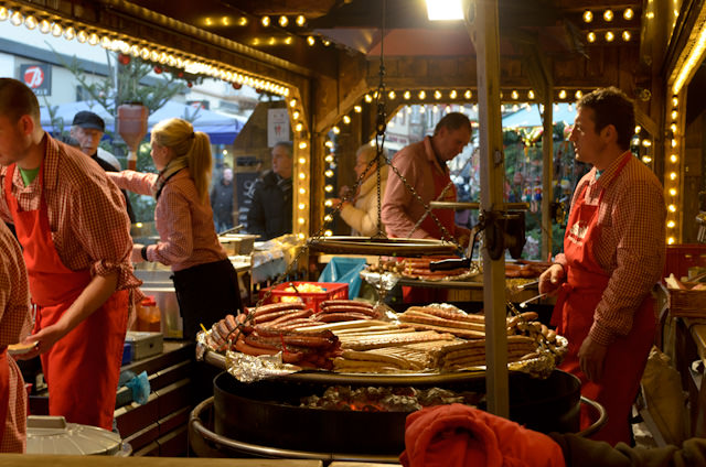 Sausages of all types on offer at one of four Christmas Markets in Koblenz, Germany. Photo © 2013 Aaron Saunders