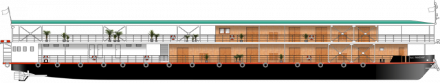 Pandaw Kalaw will feature a draft of less than three feet when she debuts, allowing her to explore more of Burma. Illustration courtesy of Pandaw Cruises.