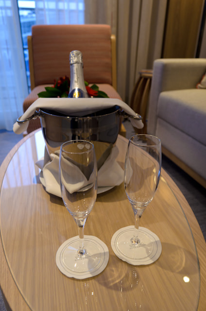 Champagne in Category AA Veranda Suite 308. Photo © 2014 Aaron Saunders