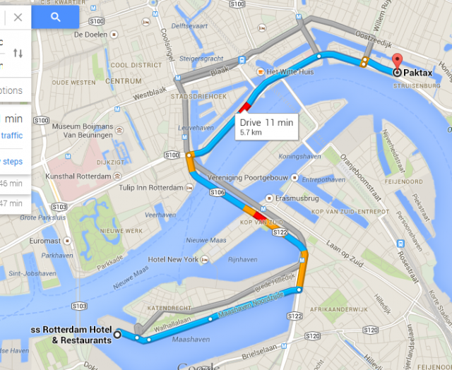 Google Maps helped me plan my bicycle trip to the SS Rotterdam. Because I didn't know the exact location of the dock, I selected a business across the street from the pier as my starting destination.