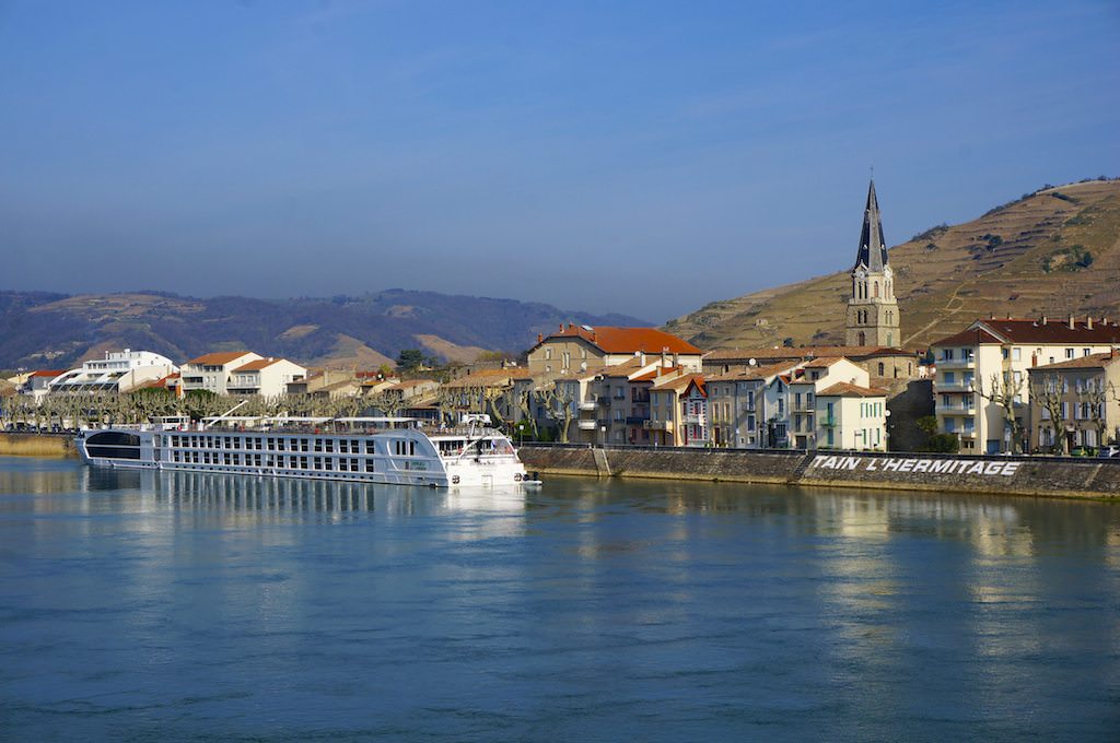 Uniworld’s new Super Ship S.S. Catherine docked in Tain L’Hermitage, on the Rhône river in France. © 2014 Ralph Grizzle