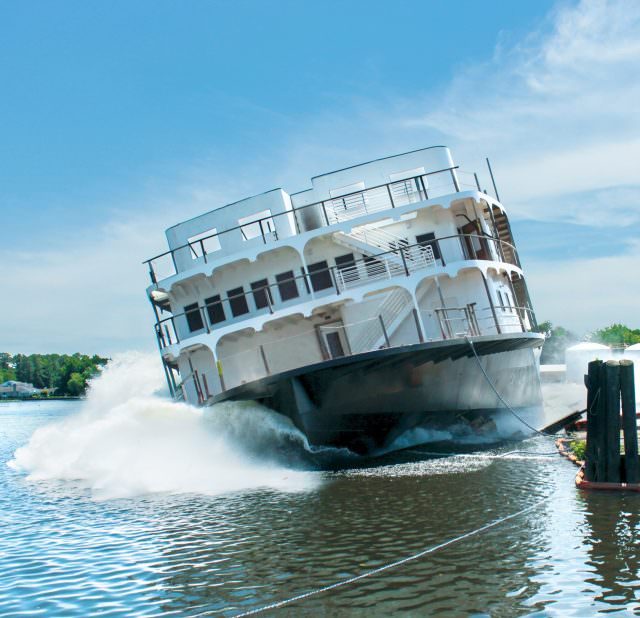 American Cruise Lines' newest, as-yet-unnamed paddlewheeler is launched from the Chesapeake Shipbuilding yards in Salisbury, Maryland on June 29, 2014. Photo courtesy of American Cruise Lines