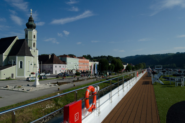 This morning, Emerald Star docked briefly in the small Austrian town of Aschach to disembark guests traveling on to Salzburg and Cesky Krumlov. Photo © 2014 Aaron Saunders
