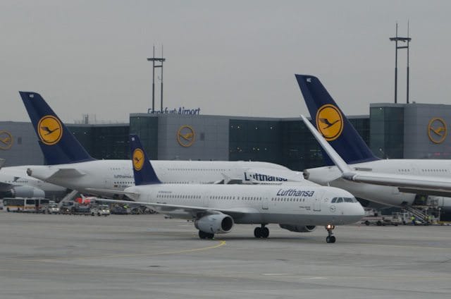 Long-haul flights to and from Frankfurt Airport on Lufthansa have been scrapped for tomorrow, Tuesday, September 30th, due to job action by Lufthansa's pilot union. Photo © 2013 Aaron Saunders