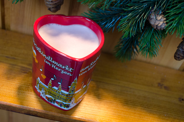 Hot mulled wine is served in collectable cups at markets throughout Europe. This year, cups for Vienna's main Christmas Market at the Rathausplatz were served in heart-shaped mugs. Photo © 2014 Aaron Saunders