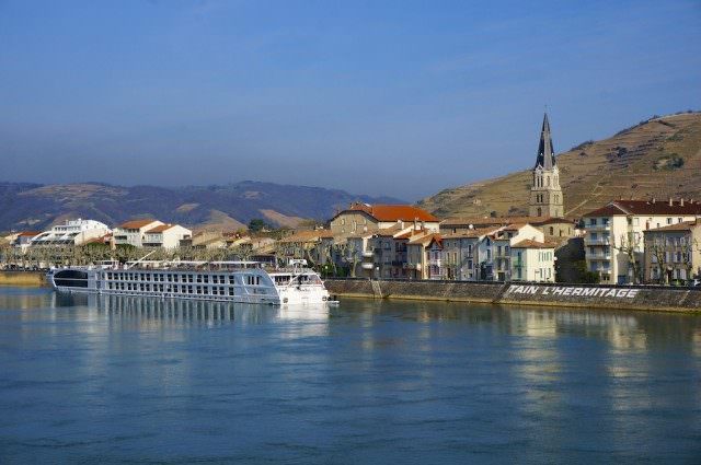 Uniworld’s new Super Ship S.S. Catherine docked in Tain L’Hermitage, on the Rhône river in France. © 2014 Ralph Grizzle