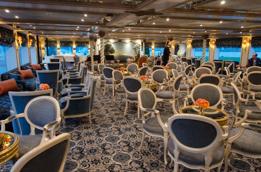 The Habsburg Salon is the S.S. Maria Theresa's main gathering spot, located all the way forward on Habsburg Deck. Photo © 2015 Aaron Saunders