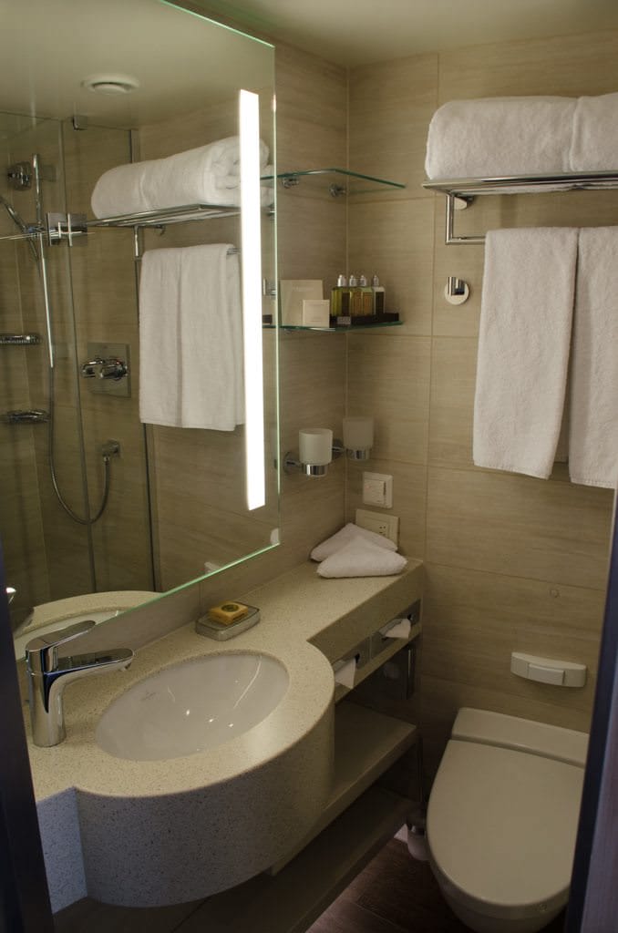 My stateroom bathroom aboard Viking Skirnir. Bathroom design and layout is common across all categories aboard each Viking Longship. Photo © 2015 Aaron Saunders