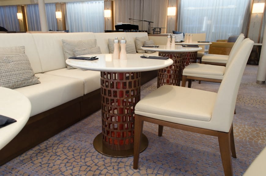Slight variation in the design of the tables and couches in the Viking Lounge.