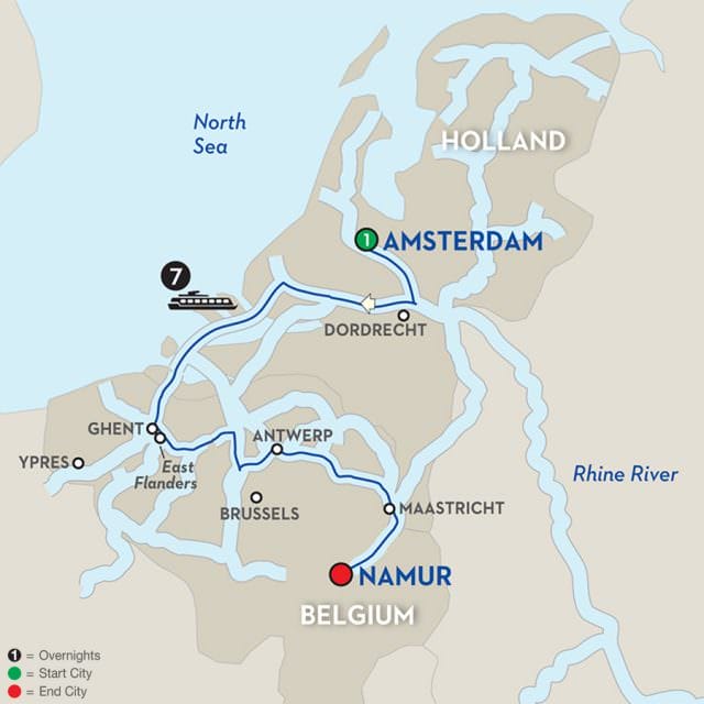 Avalon's "Enchanting Belgium" itinerary will travel from Brussels to Amsterdam, with a focus on Belgian ports of call. Illustration courtesy of Avalon Waterways.