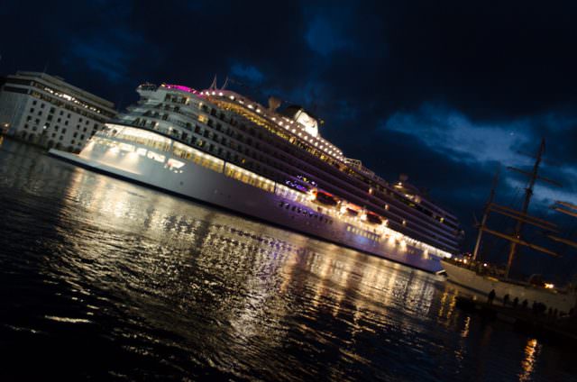 Viking Star sets sail from Bergen just before midnight on May 17, 2015. Photo © 2015 Aaron Saunders