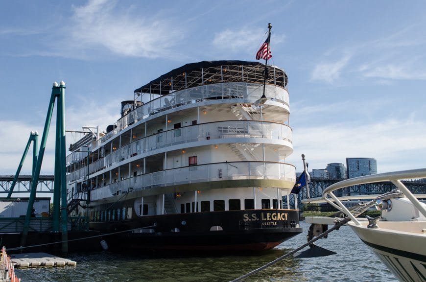 First Sighting: the stern of Un-Cruise Adventures' S.S. Legacy in Portland, Oregon. Photo © 2015 Aaron Saunders