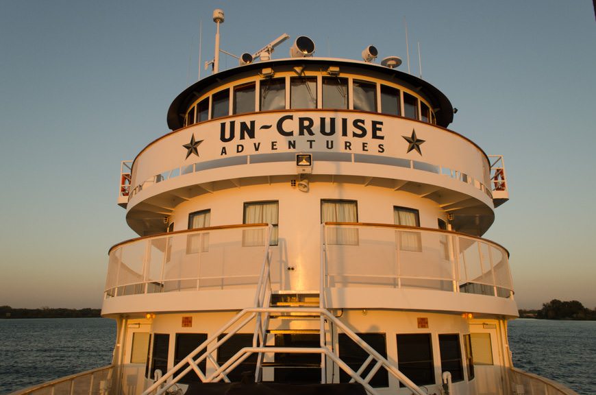 I had to skip part of tonight's lecture to get this shot. With cocktails in hand, most guests gather on the outer decks to watch the sun set each night. Photo © 2015 Aaron Saunders