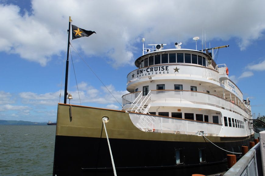 Un-Cruise Adventures' classy S.S. Legacy at her berth in Astoria on Friday, June 12, 2015. Photo © 2015 Aaron Saunders
