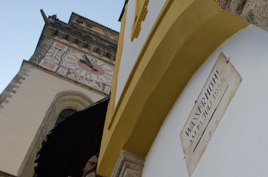 Most buildings in Passau have a "waterline" mark, showing the height of past floods. Photo © 2015 Aaron Saunders