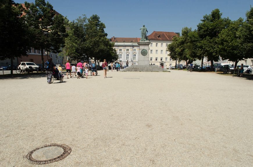 Passau's Domplatz. Empty in the summer, it hosts the town's cozy Christmas Market from late-November until Christmas Eve. Photo © 2015 Aaron Saunders