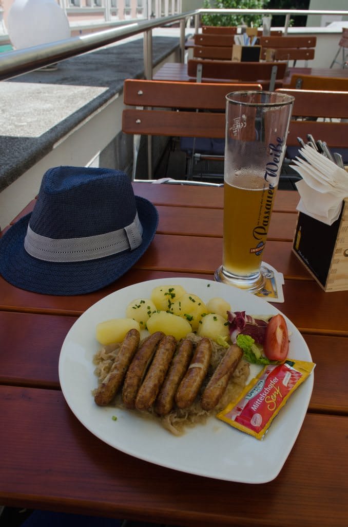 Of course, there's always time for Bratwurst. This is at the Gasthof 3 Linden on Hollgasse. Photo © 2015 Aaron Saunders