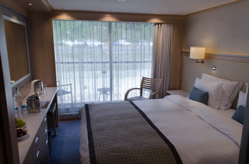 "Home" at last! My Category A Balcony Staterioom aboard Viking River Cruises' brand-new Viking Vidar! Photo © 2015 Aaron Saunders