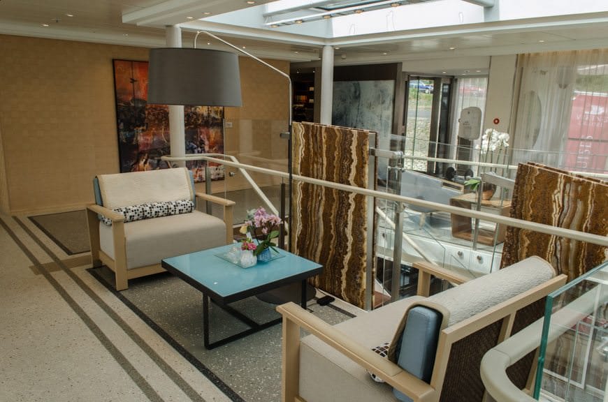 Like Viking's other Longships, plenty of cozy seating areas are available clustered around the Deck 2 and Deck 3 levels of the atrium. Photo © 2015 Aaron Saunders