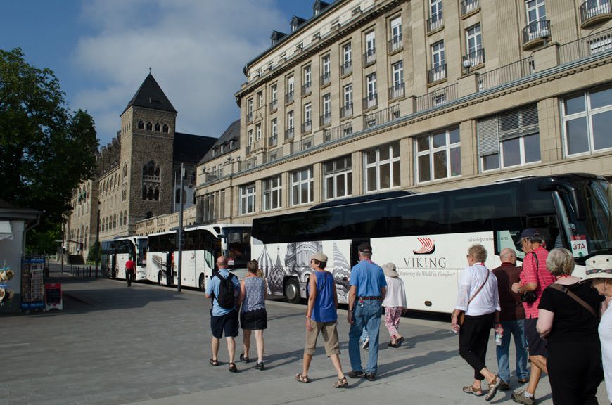 Disembarking Viking Vidar in Koblenz and making our way to our coaches for our morning tour of Marksburg Castle. Photo ©  2015 Aaron Saunders
