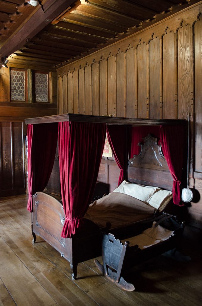 Medieval sleeping chambers. Note the small size of the bed. People were shorter then, sure: but they also slept sleeping up. They feared if they slept lying down that they'd never wake up. Photo ©  2015 Aaron Saunders