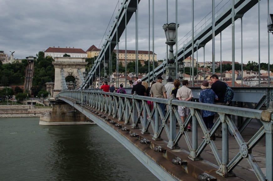Guests from Viking Lofn walk across the Chain Bridge in Budapest, Hungary. Photo © 2015 Aaron Saunders
