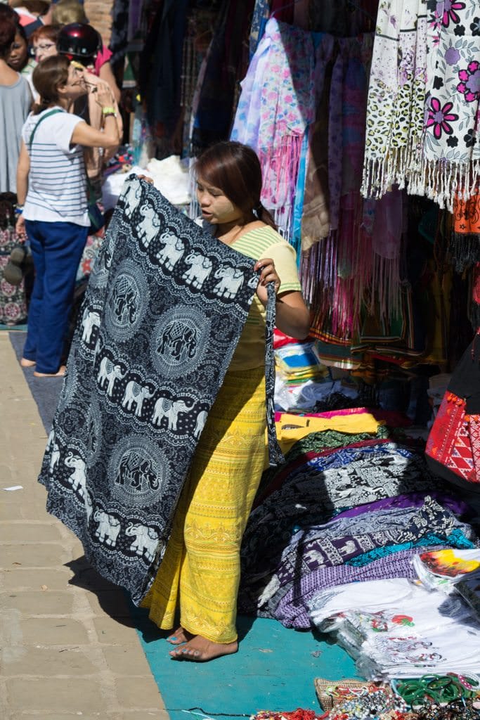 Vendors in Bagan. It's one of the only places you'll be harassed, however politely, to buy things in Myanmar. Photo © 2015 Aaron Saunders