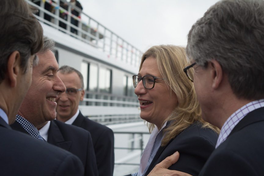 Anke Rehlinger, Economic Minister for Germany's Saarland, celebrates the christening of the Elbe Princesse on Appril 14, 2016. Photo © 2016 Aaron Saunders